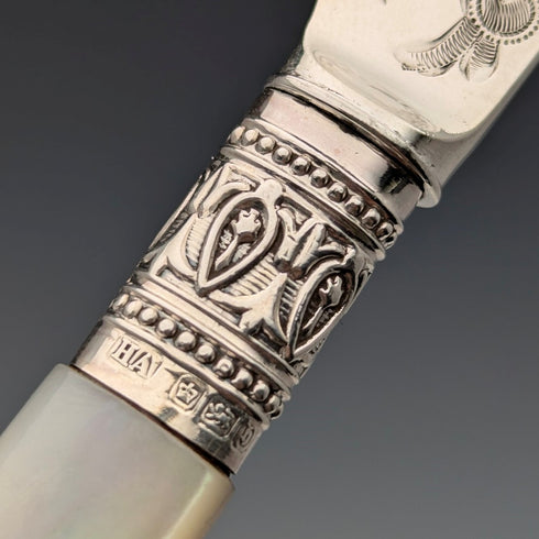 1900 British antique pure silver blades, mother of pearl handles, dessert cutlery set of 6, Atkin Brothers